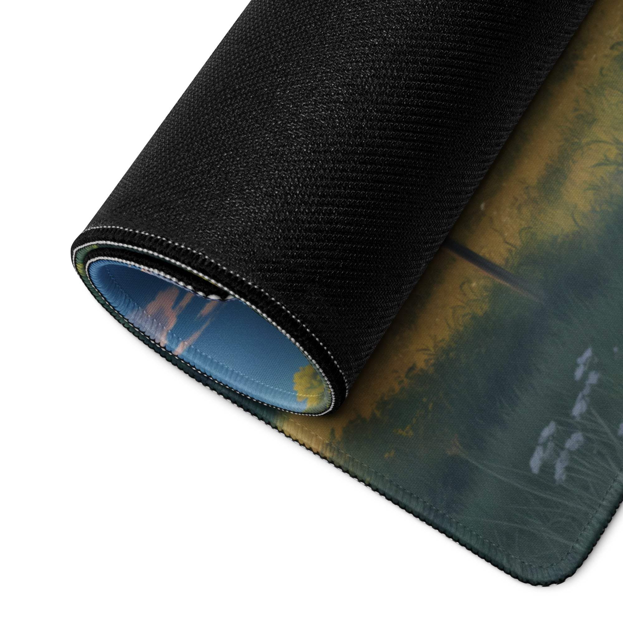 Serene Countryside Landscape gaming mouse pad with black textured rolled edge