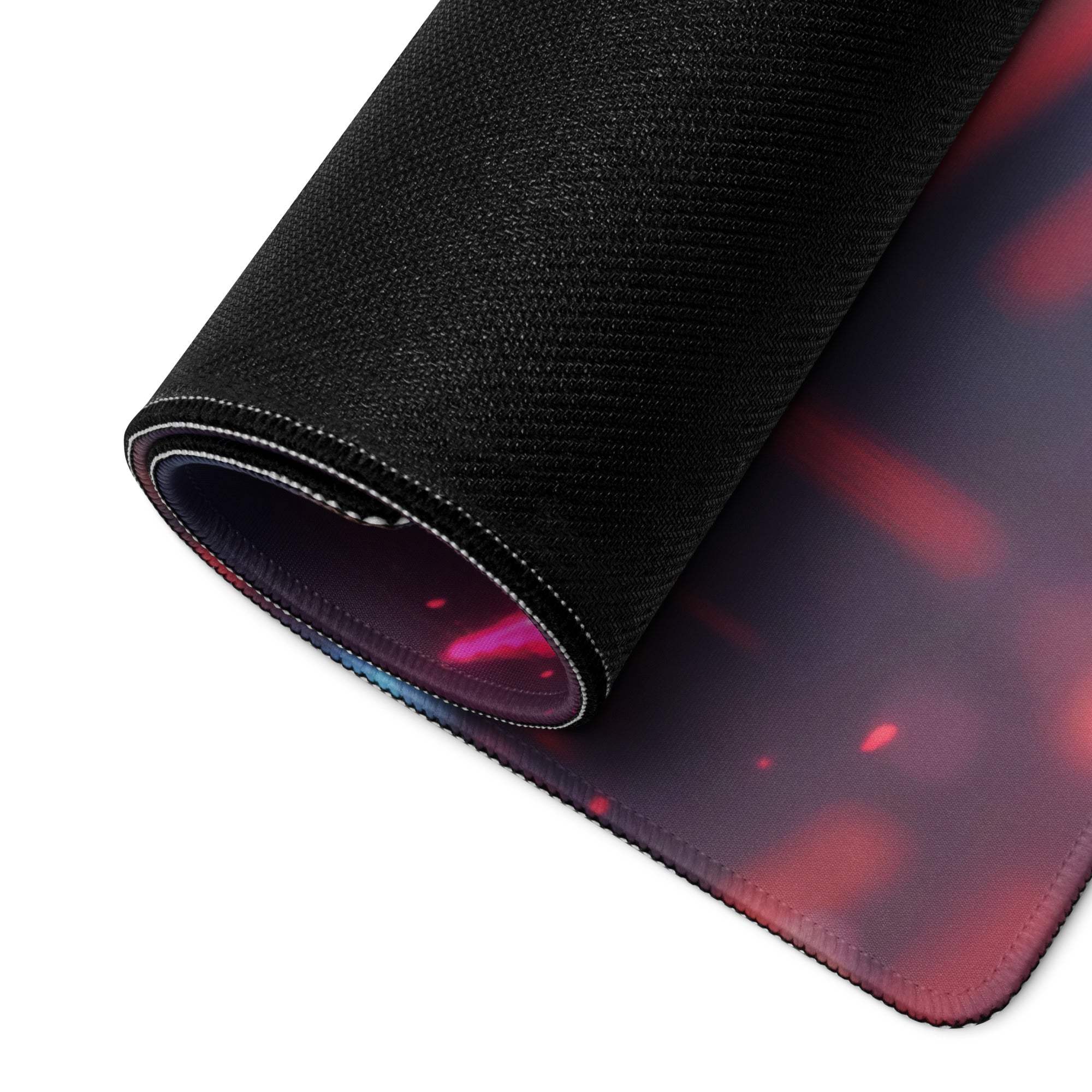 Epic Neon Knight cyberpunk mouse pad with red purple nebula design