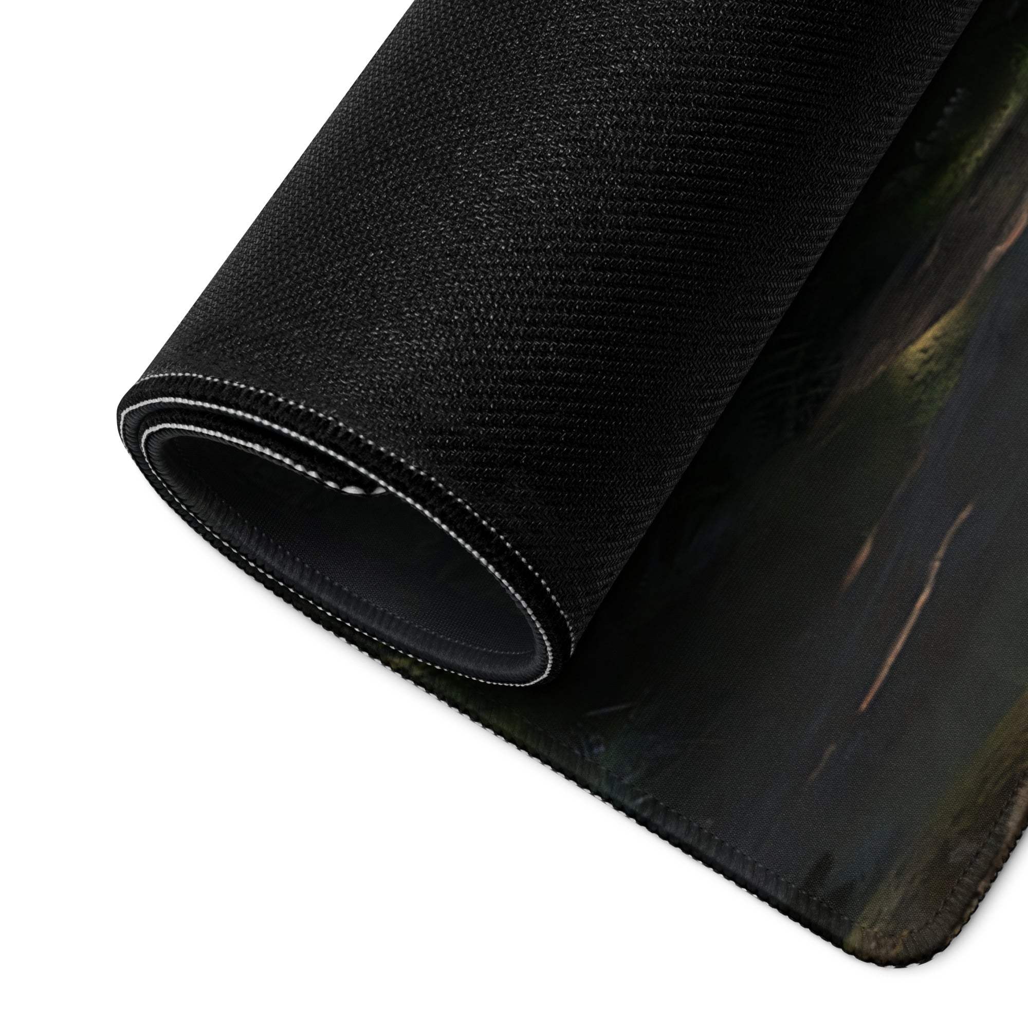 Black textured gaming mousepad with cinematic forest guitarist scene