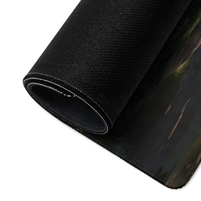 Black textured gaming mousepad with cinematic forest guitarist scene