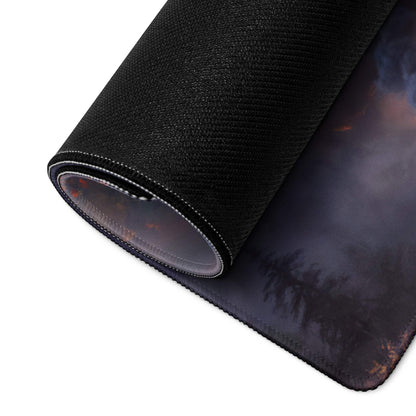 Black textured gaming mousepad with epic fantasy dragon over castle at sunset