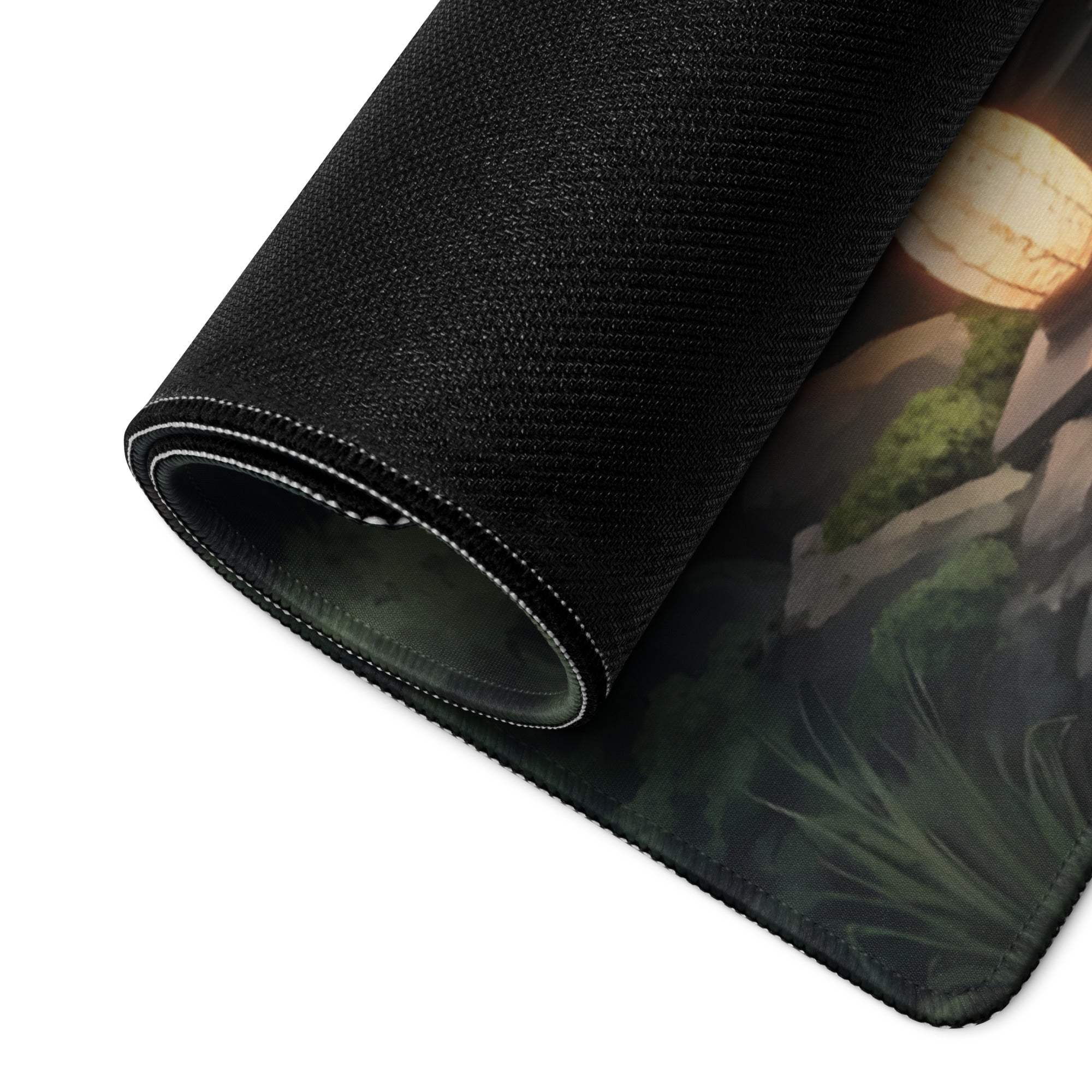 Large Moonlit Zen Garden anime mouse pad with black texture, rolled edge stitching, non-slip base