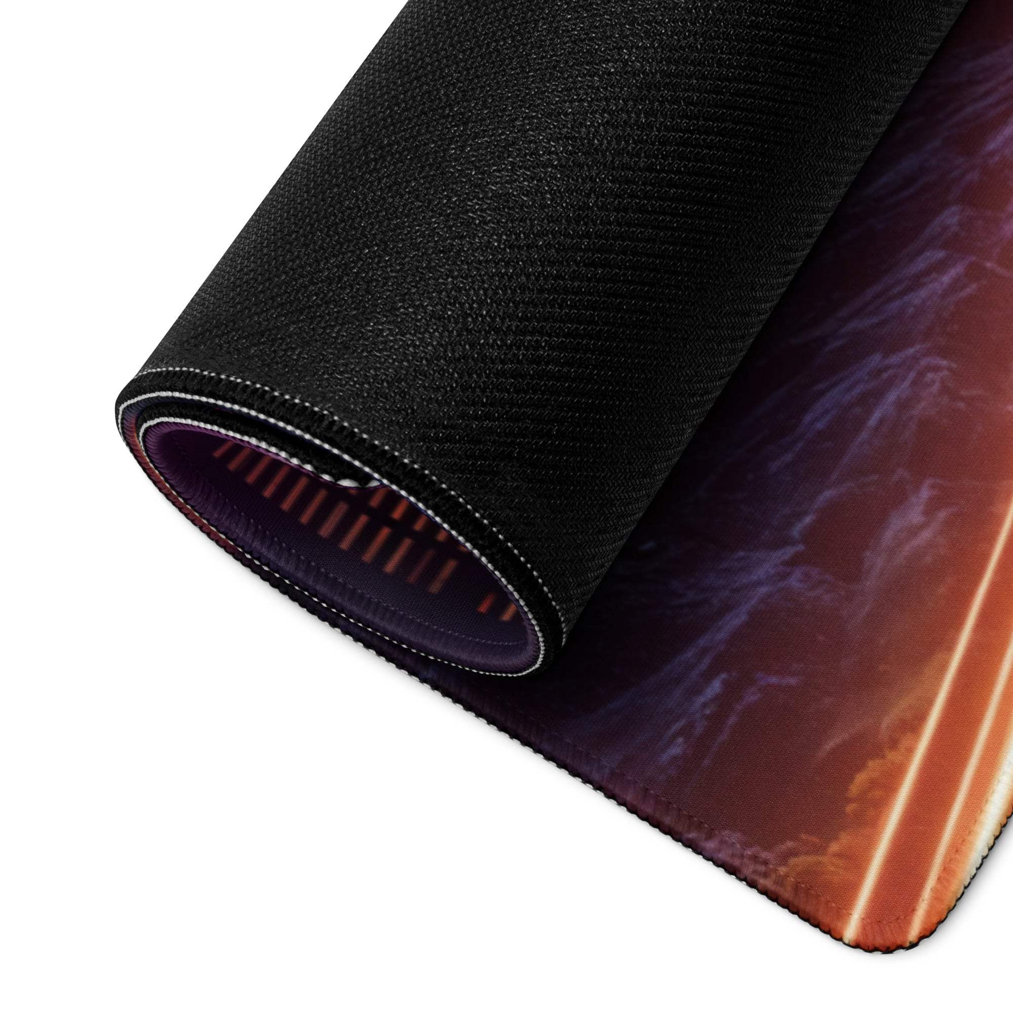 Black cosmic mousepad with purple orange nebulae and non-slip stitched base