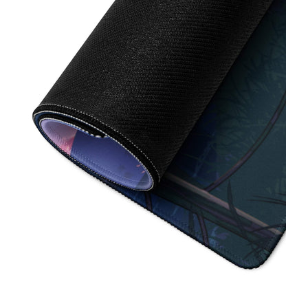 Anime style sunset purple mood large gaming mouse pad with black textured surface, dark blue purple illustration, non-slip backing, durable edge stitch