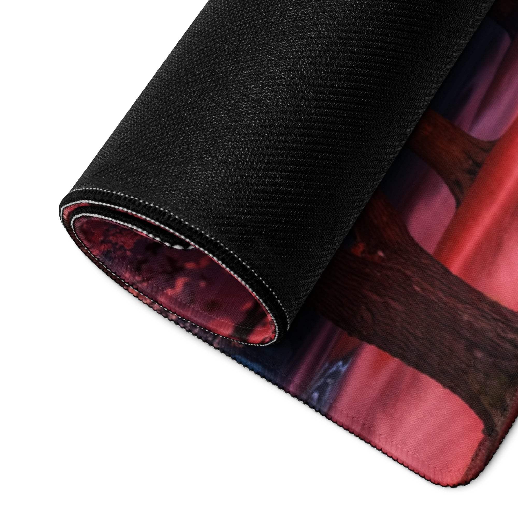 Vibrant Sakura Twilight gaming mouse pad with tree design, rolled edge, non-slip base