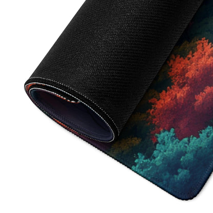 Black textured Epic Fantasy Landscape gaming mouse pad with fiery red teal forest design