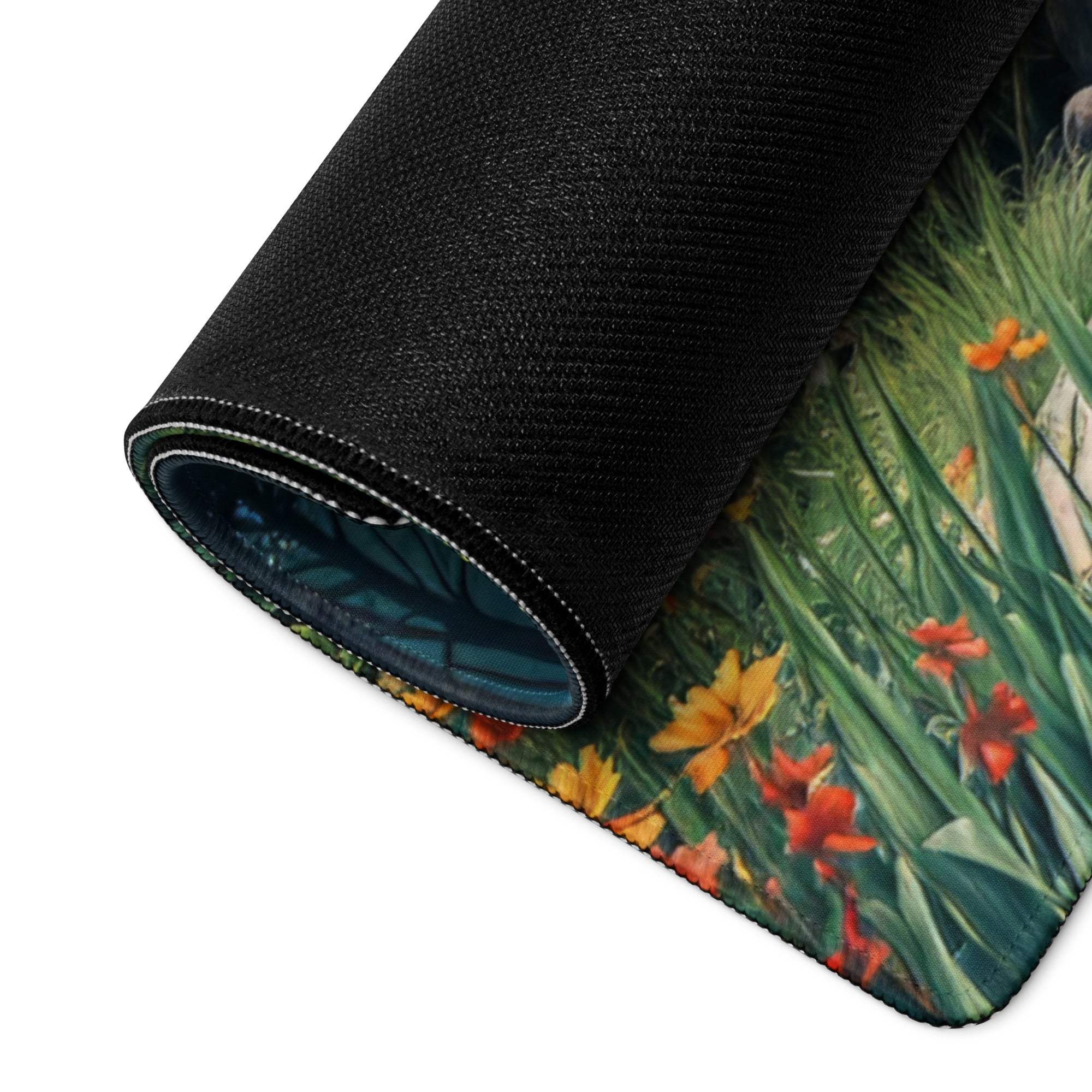 Rolled-up Nature Forest Scene gaming mouse pad with vibrant floral design