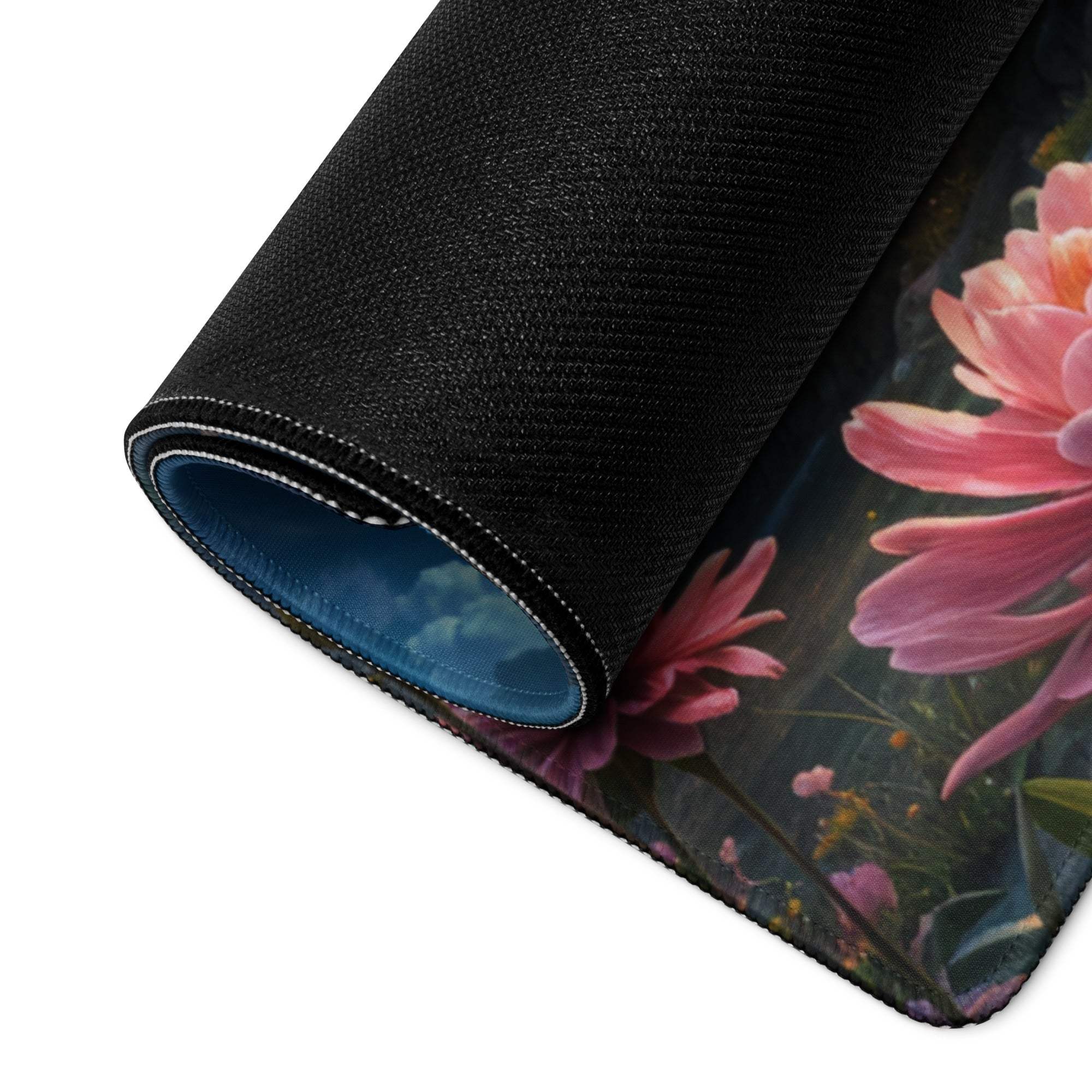 Rolled-up Epic Fantasy Tree Landscape pink floral gaming mouse pad
