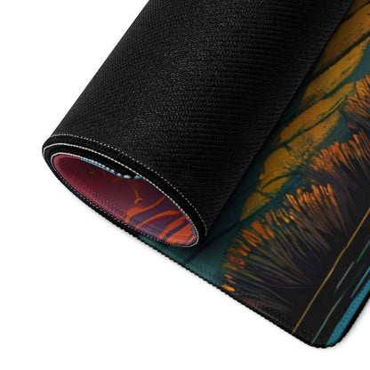 Rolled-up Vivid Sunset Bridge gaming mouse pad in orange teal design