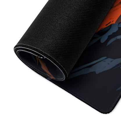 Black textured gaming mousepad with rolled edge, orange-blue night sky canyon design