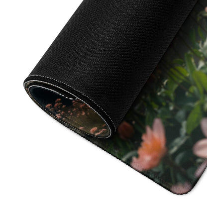 Black floral large gaming mousepad with pink blossoms, stitched edges, non-slip base