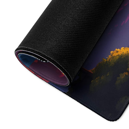Black textured gaming mousepad with rolled edge, dreamy fantasy treehouse sunset in orange purple hues