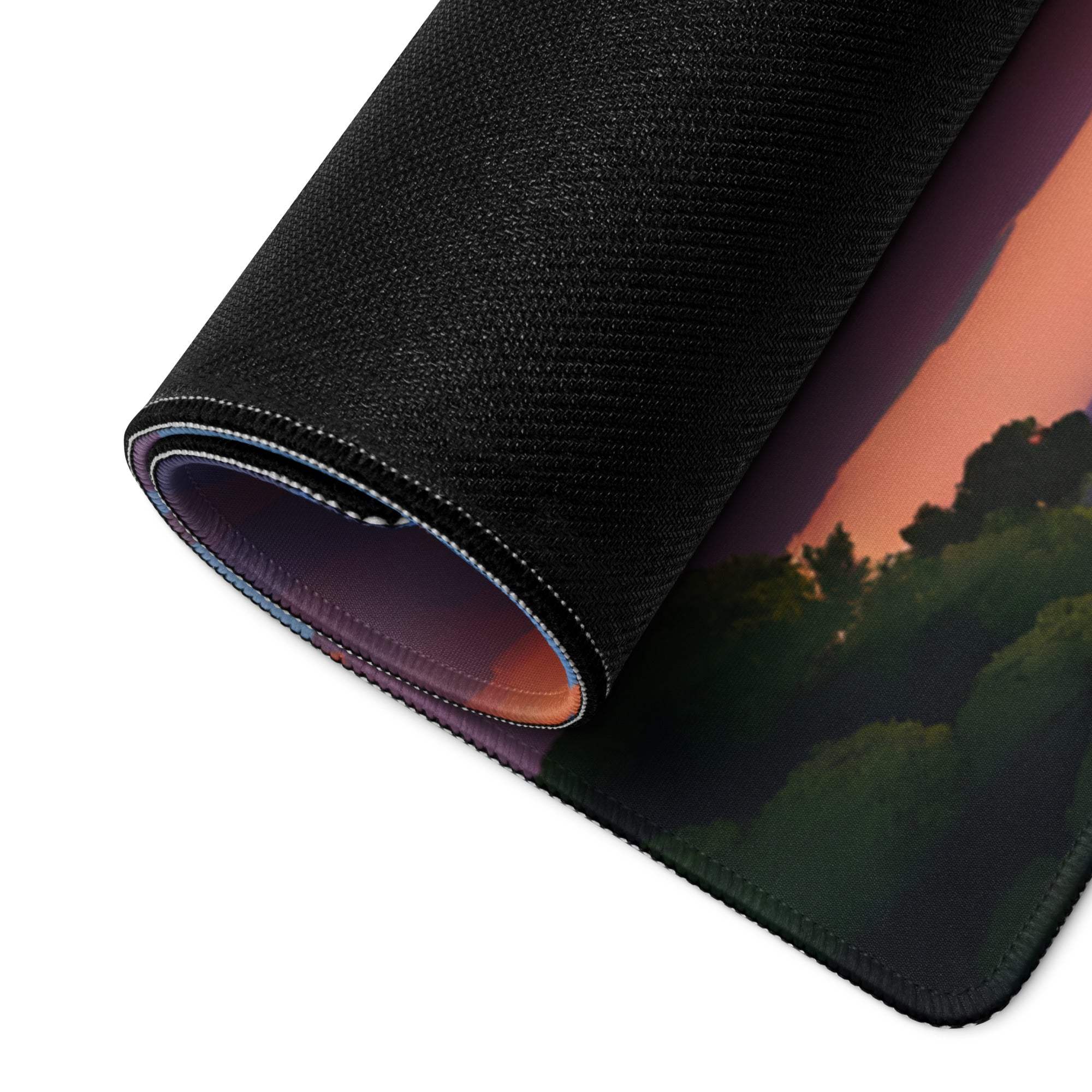 Large stylized vibrant sunset tree landscape gaming mouse pad with non-slip stitched edge