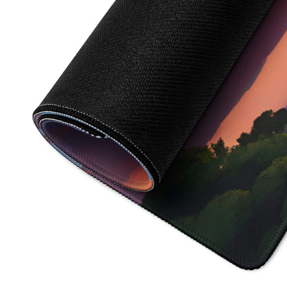 Large stylized vibrant sunset tree landscape gaming mouse pad with non-slip stitched edge