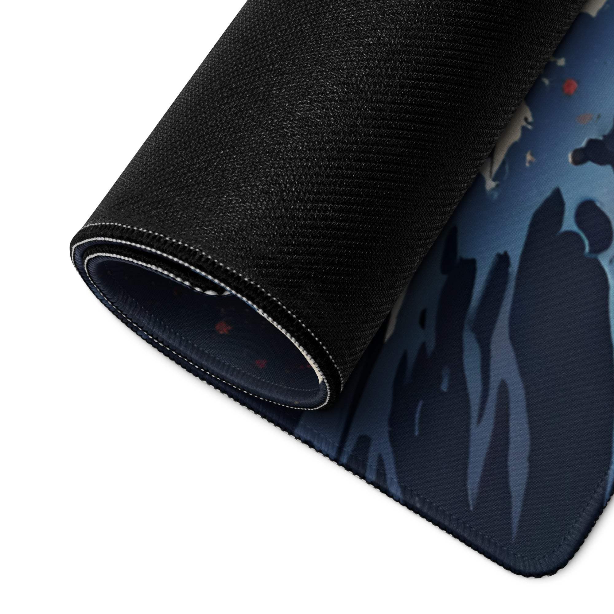 Epic Ocean Wave sunset blues gaming mouse pad, black textured with rolled edge