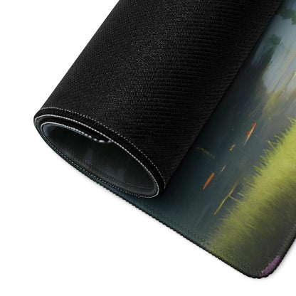 Large black textured gaming mousepad with rolled edge, serene landscape design