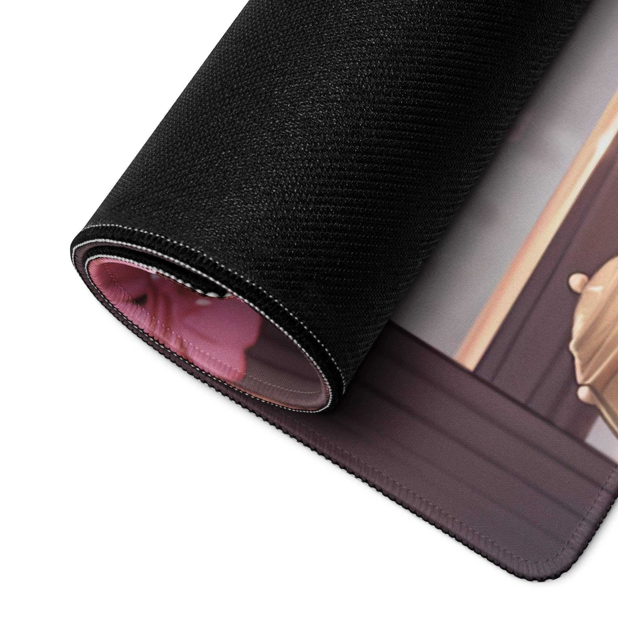 Large anime cherry blossom girl mouse pad with pink rolled edge and non-slip backing
