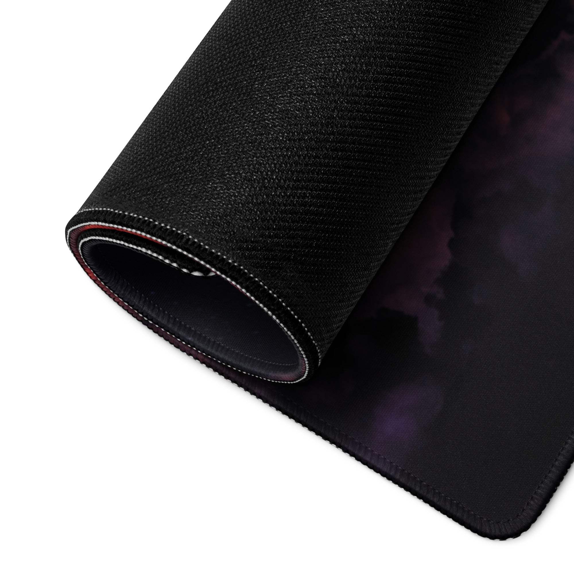 Black textured mousepad with purple nebula and red moon design