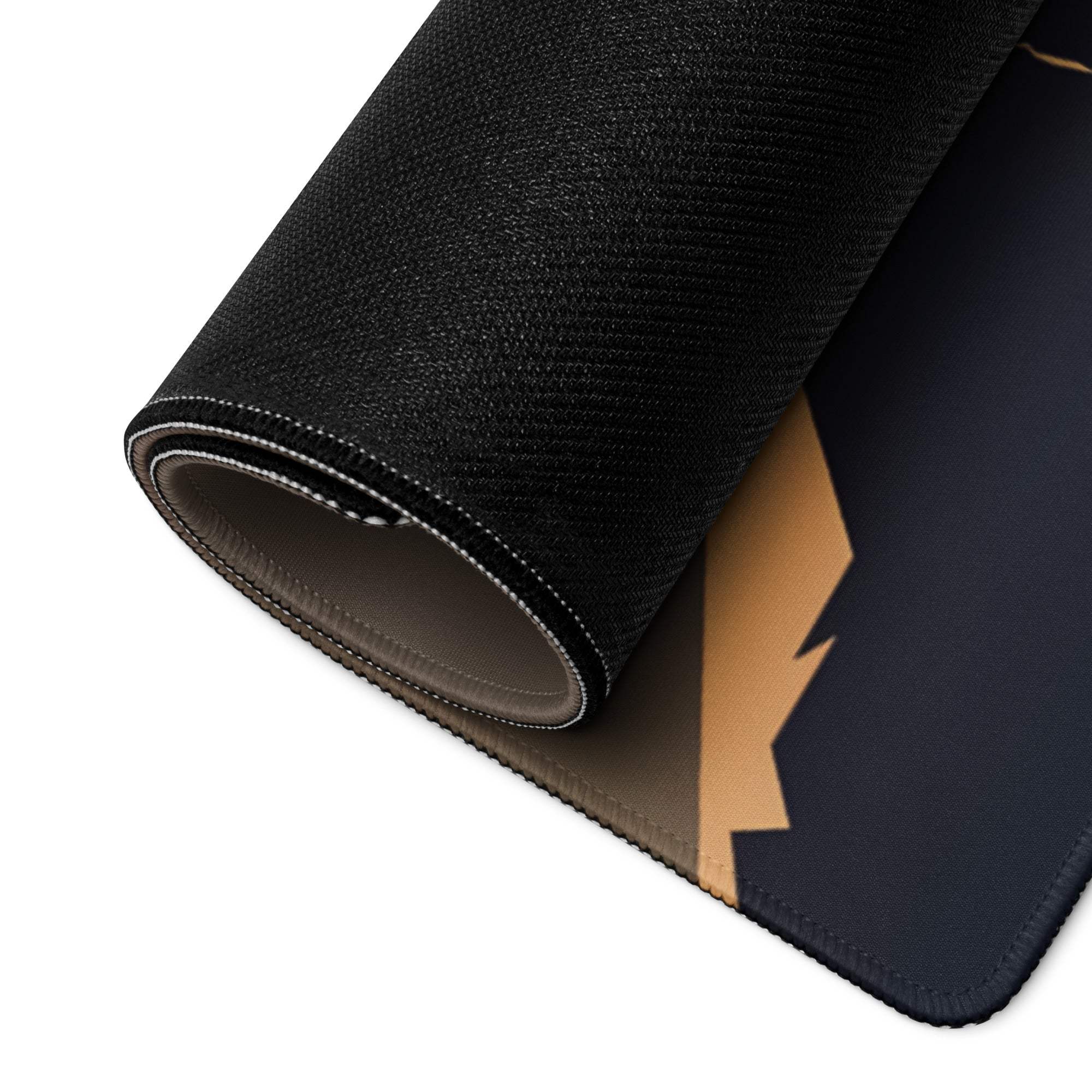 Black textured gaming mousepad with gold lightning bolt edge and night sky mountain design
