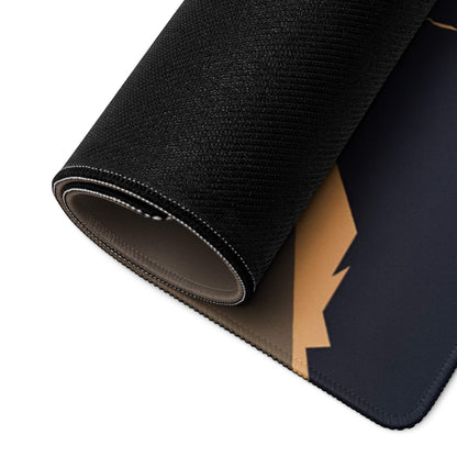 Black textured gaming mousepad with gold lightning bolt edge and night sky mountain design