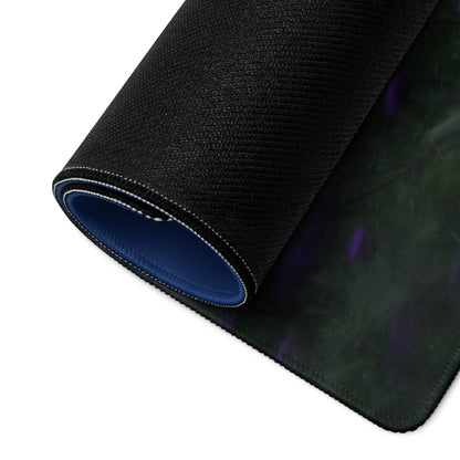 Epic Landscape Purple Twilight large gaming mouse pad with black textured top, dark green purple gradient, blue inner lining, non-slip backing and edge stitching