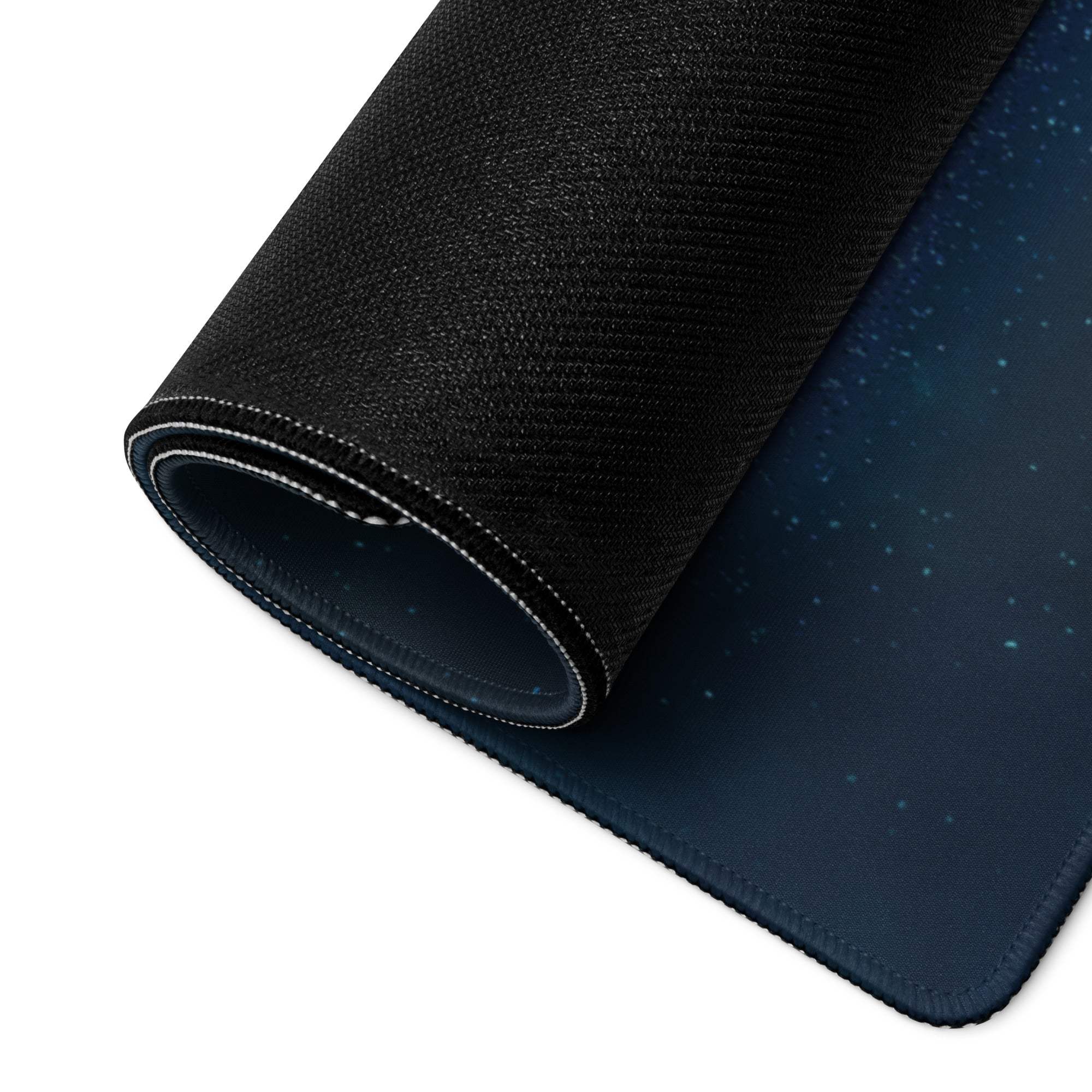 Large cosmic galaxy gaming mouse pad with black starry night texture and non-slip base