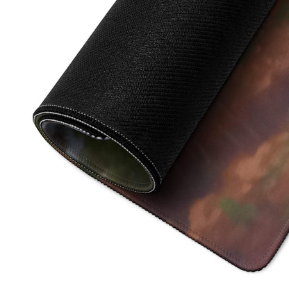 Black textured gaming mousepad with rolled edge, serene village clouds print