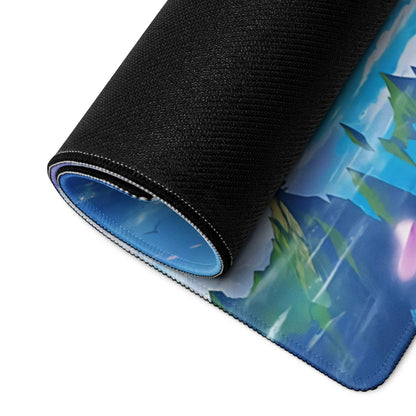 Rolled-up gaming mousepad with vibrant underwater blues and greens