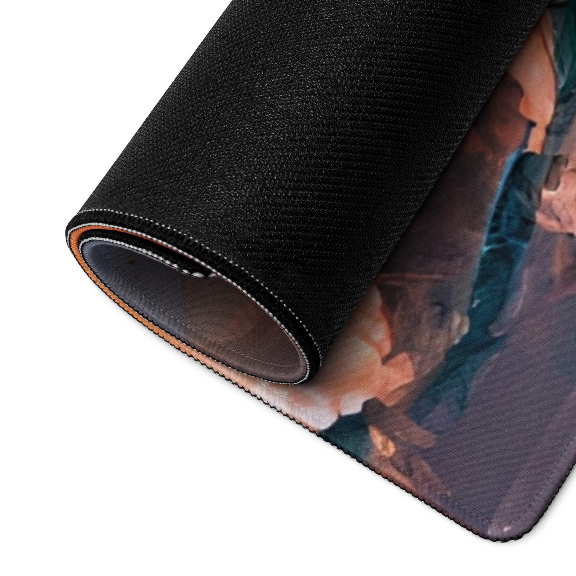 Black textured gaming mousepad with epic fantasy warrior in fiery sunset battle
