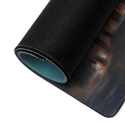 Black textured gaming mousepad with teal lining and moody gothic city night art
