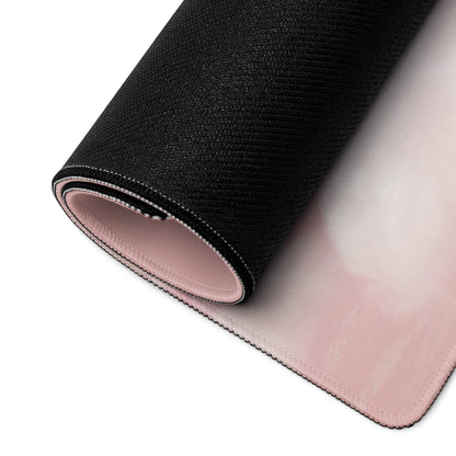 Back of Dreamy Pink Sky Pagoda large gaming mouse pad with pink underside, black texture, non-slip backing and stitched edges
