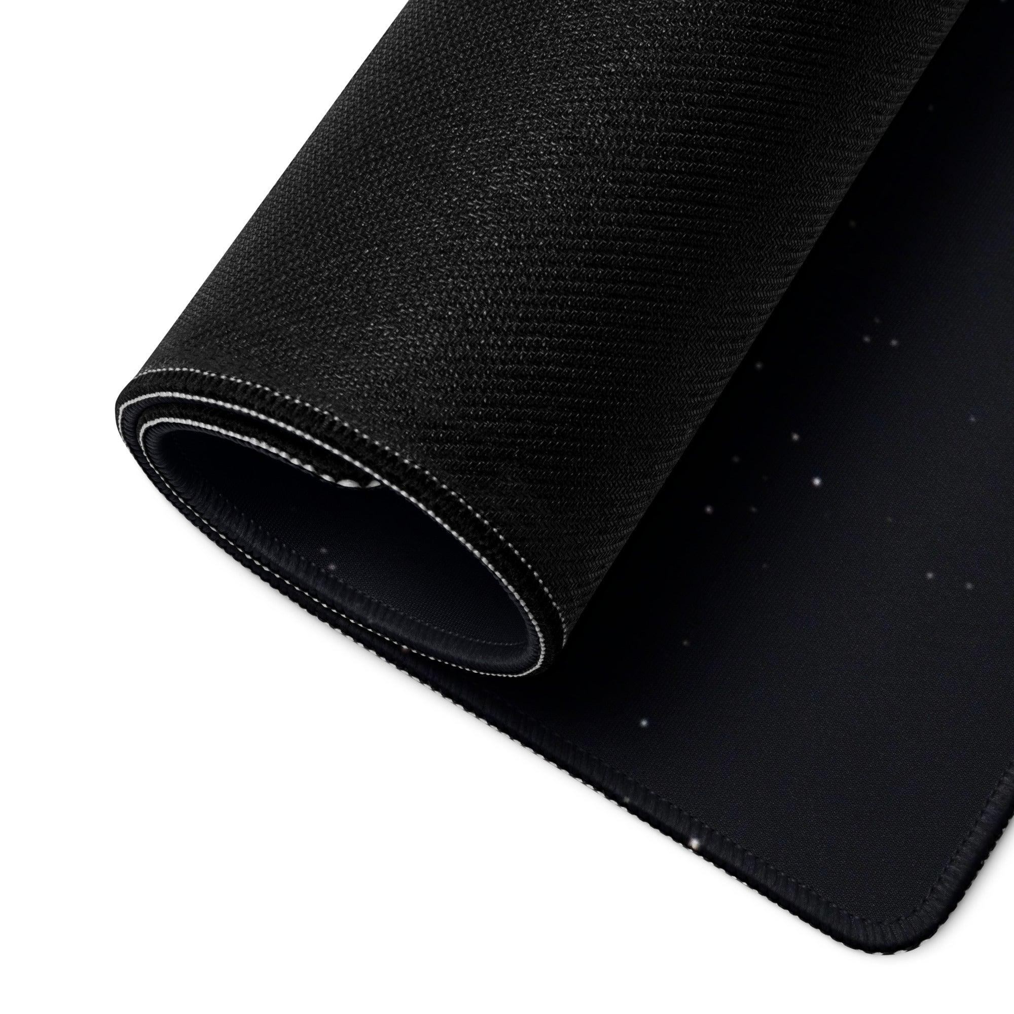 Black textured gaming mousepad with white stars, stitched edges, non-slip backing