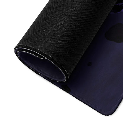 Back of Cosmic Purple gaming mouse pad with black textured top, rolled edge, white stitching, dark blue underside