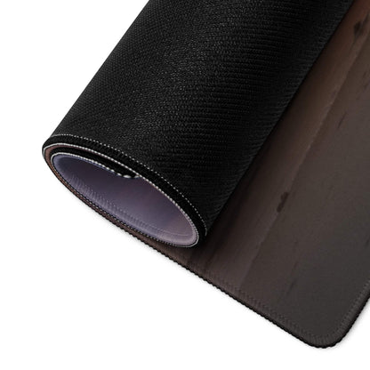 Back of large tropical sunset beach gaming mouse pad with black textured top, gray underside, stitched edges, non-slip base