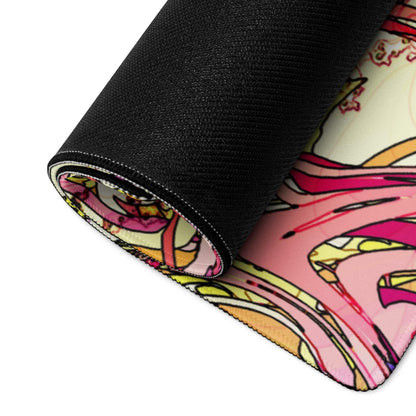 Vibrant anime swirl gaming mouse pad rolled up with pink yellow accents