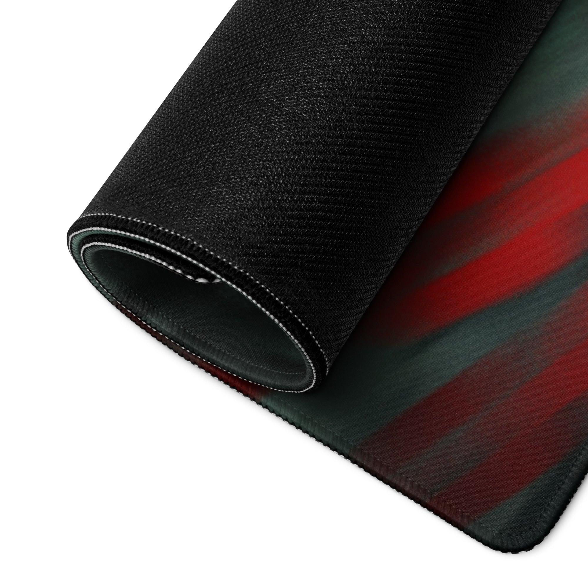 Black Volcanic Dragon Fury gaming mousepad with textured surface, red stripes, non-slip base, stitched edges