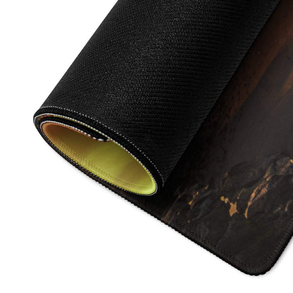 Black textured gaming mousepad with marbled design, yellow lining, non-slip base