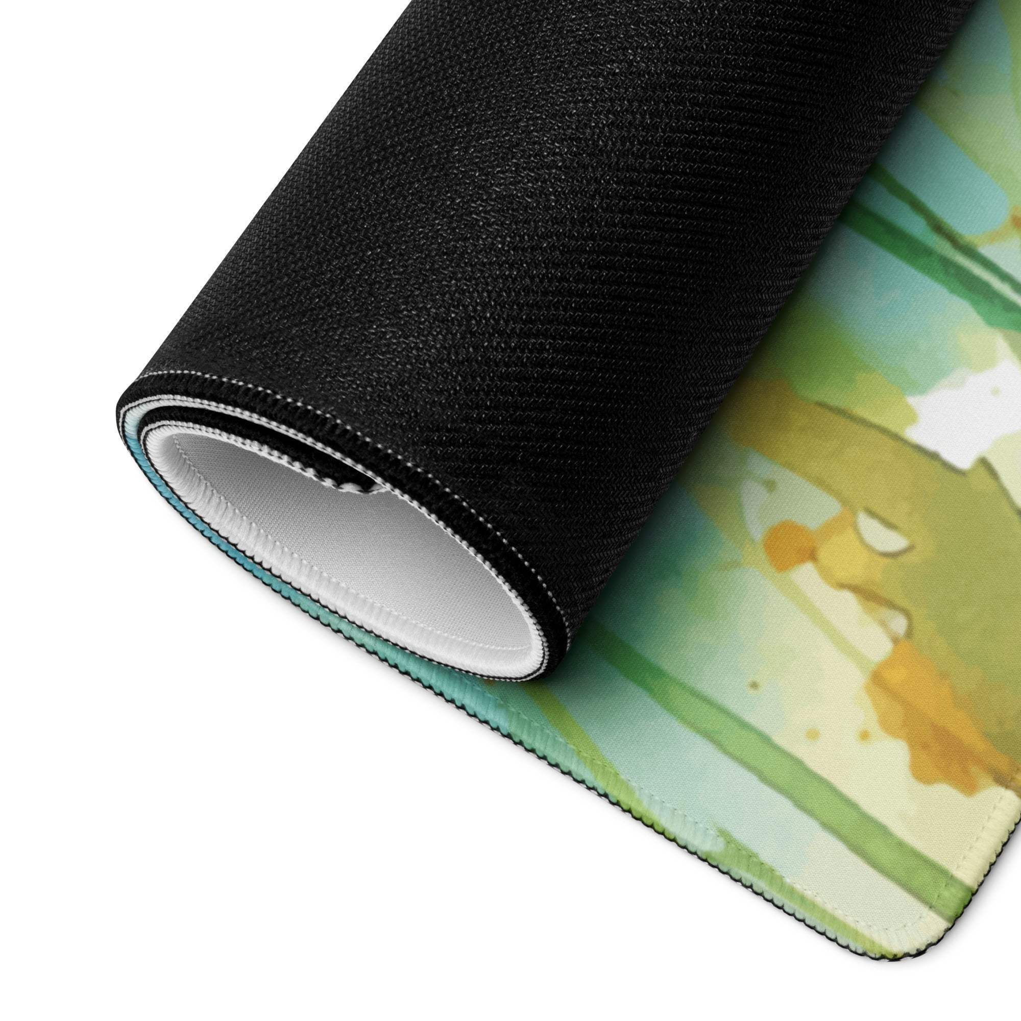 Rolled watercolor grass floral pastel gaming mouse pad, green yellow design