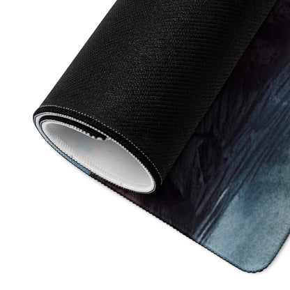 Black textured watercolor lighthouse coast mousepad rolled to show white lining