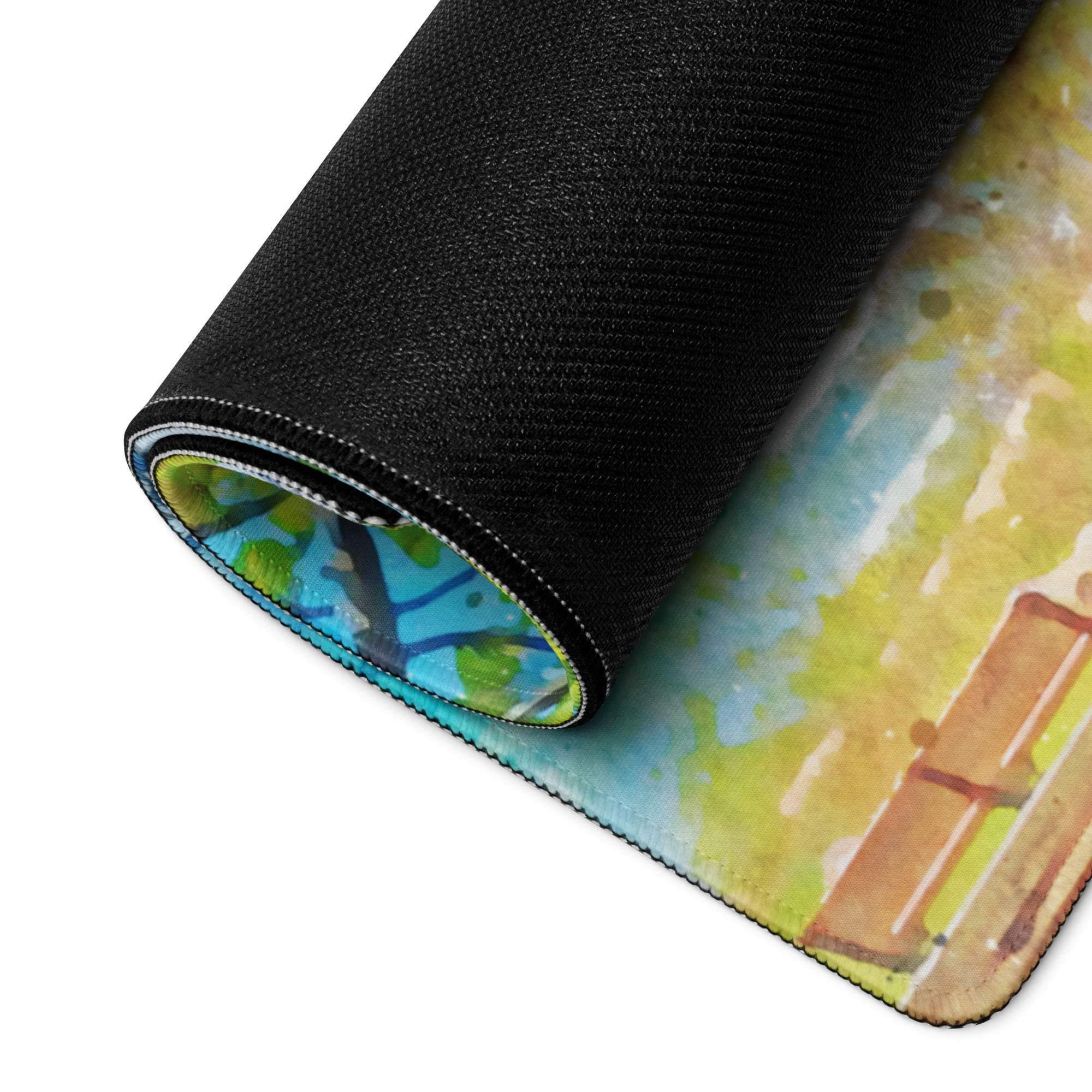 Rolled-up Watercolor Beach Scene gaming mouse pad with trees, sky, bench
