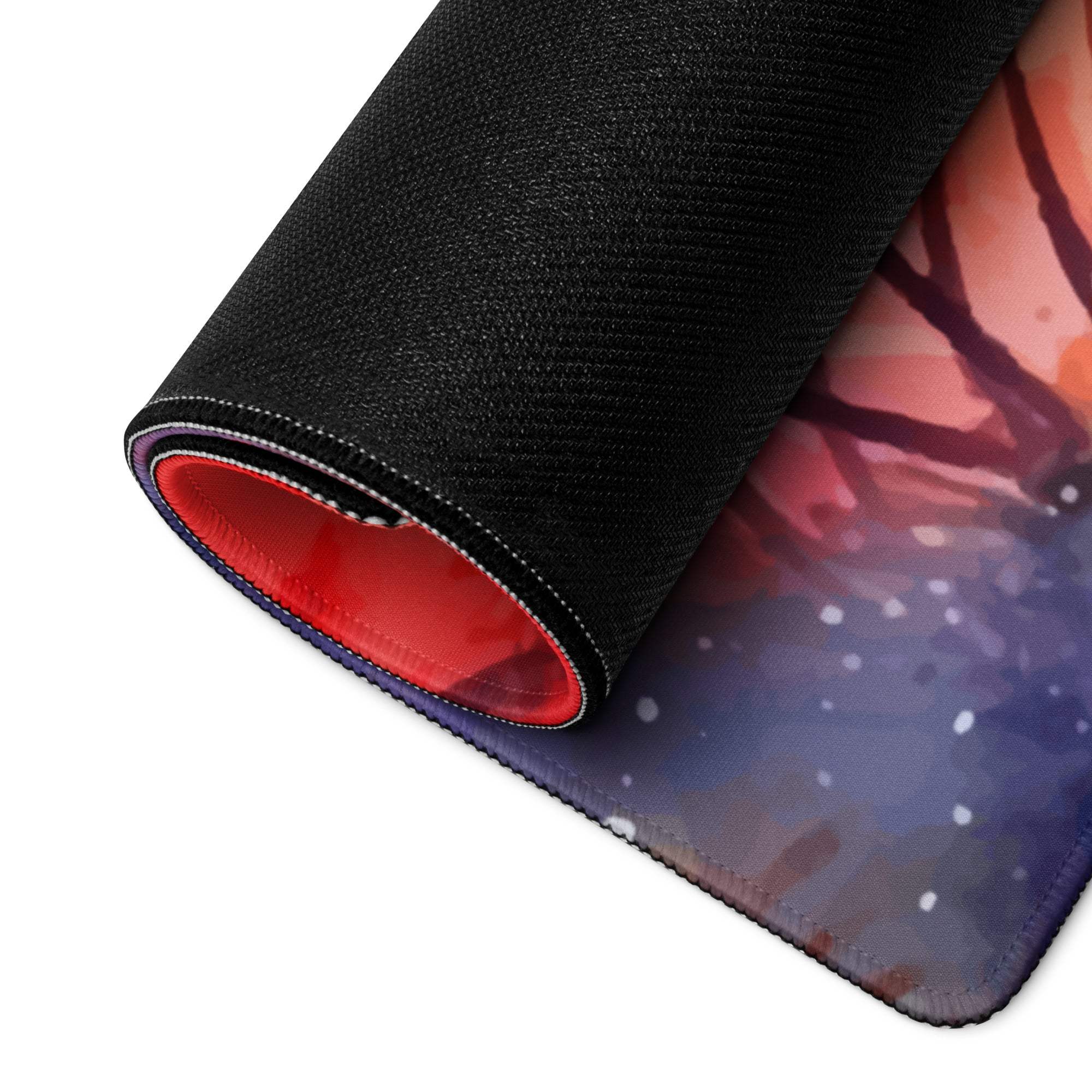 Black and red cosmic tree gaming mousepad with non-slip base