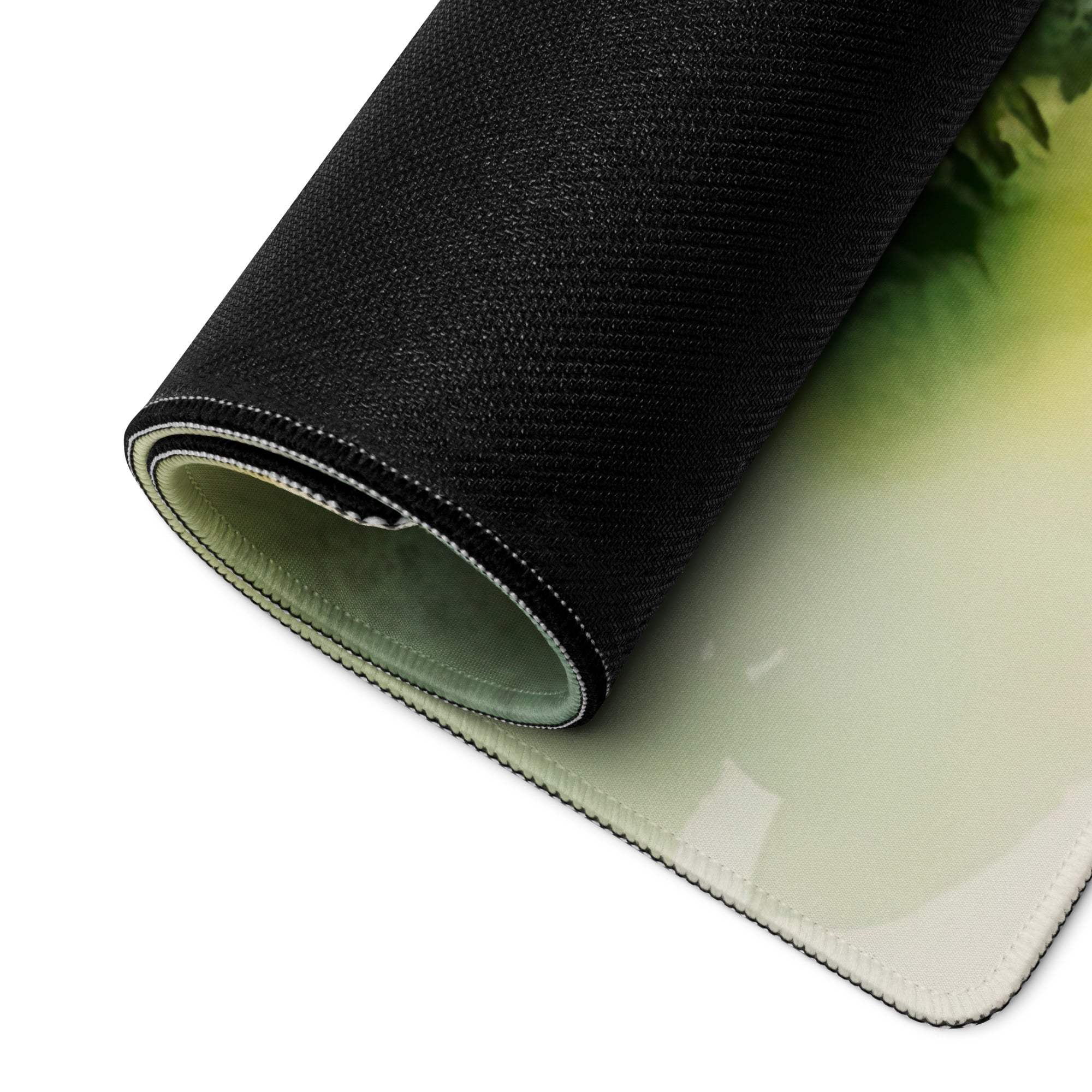 Large Forest Watercolor gaming mouse pad with black textured non-slip back
