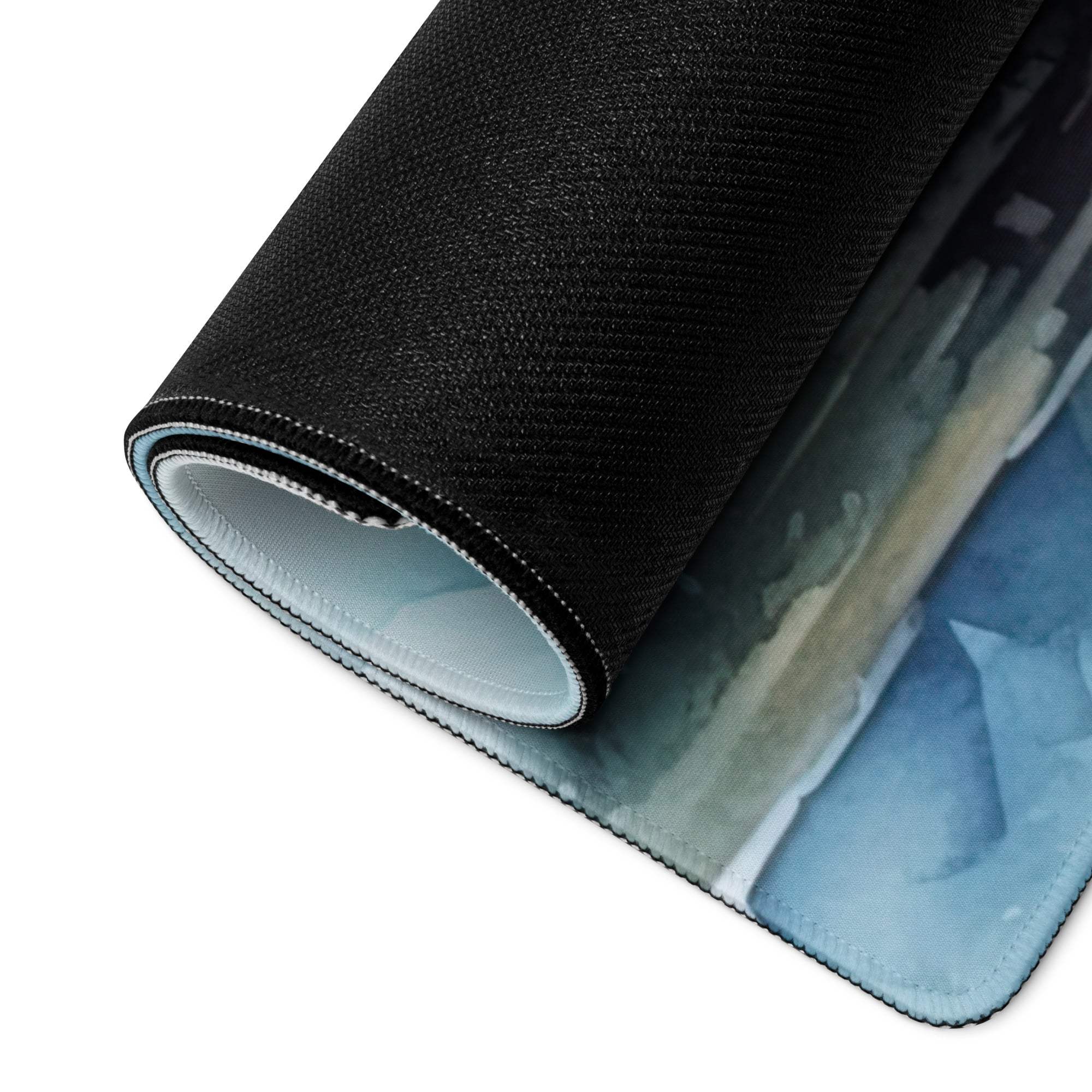 Black textured gaming mousepad with blue watercolor mountain landscape