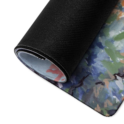 Rolled watercolor forest gaming mouse pad with black textured exterior