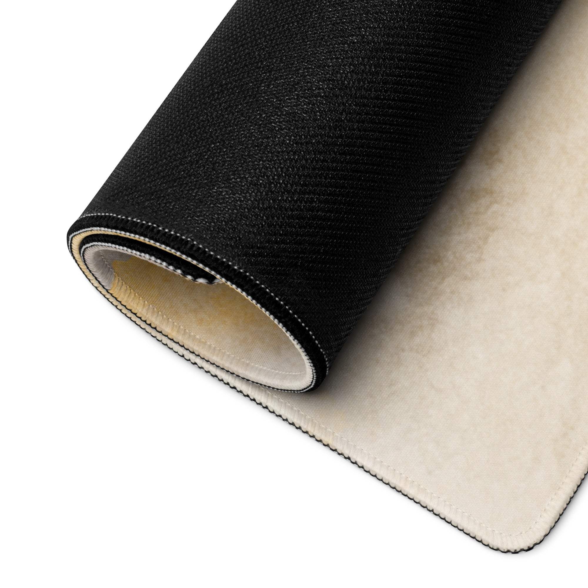 Black and cream two-tone textured rug back on watercolor beige gaming mouse pad