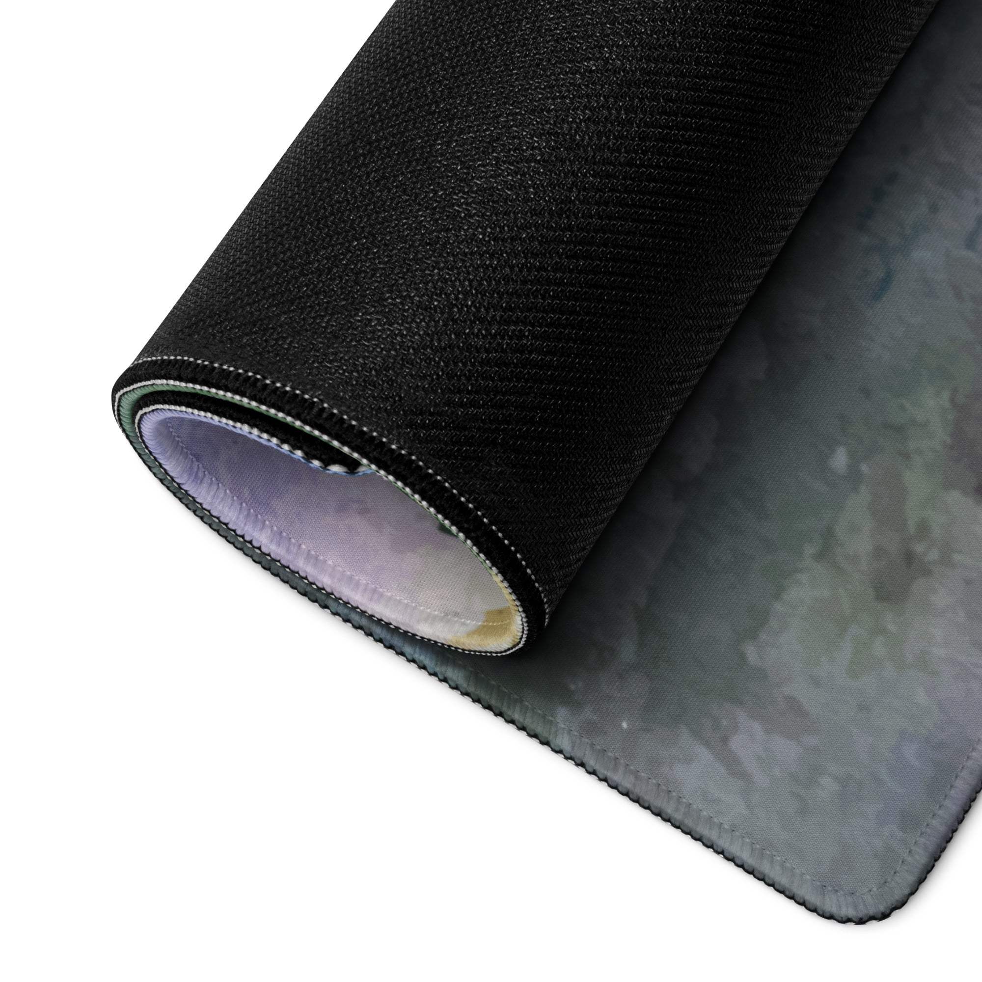 Black textured watercolor cloudy gaming mousepad with stitched edges