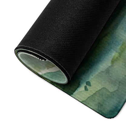 Rolled watercolor mountain gaming mouse pad in green teal with black textured edge