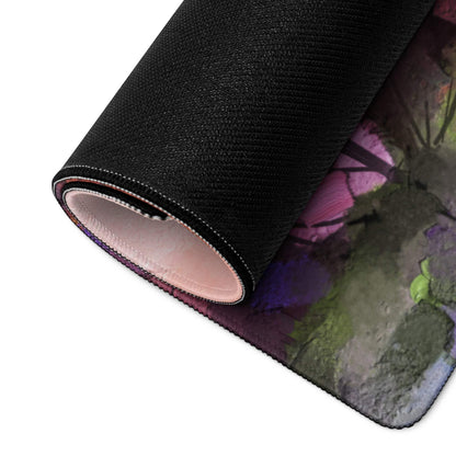 Large vibrant purple green floral gaming mouse pad with non-slip base stitched edge