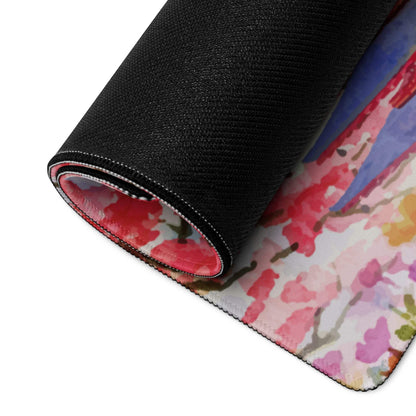 Rolled-up black artistic cherry blossom gaming mouse pad with Mount Fuji scene