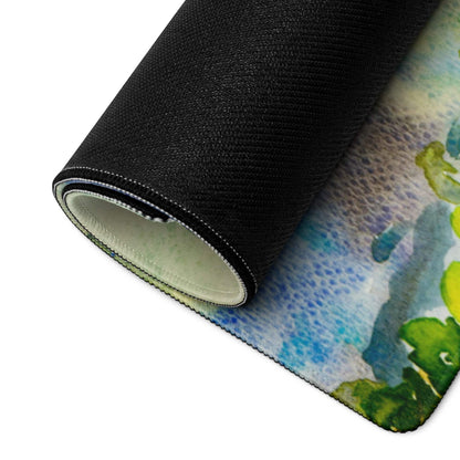 Rolled watercolor gaming mousepad with bright balloon scene, edge stitching, non-slip backing